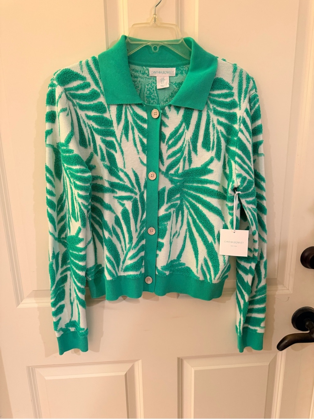 Cynthia Rowley NWT Green Palm-Print Button Terry Cardigan Sweater